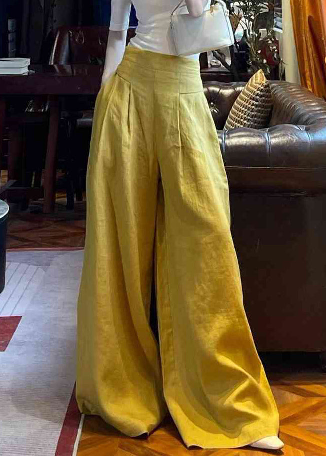 Women Yellow Pockets High Waist Solid Linen Wide Leg Pants Summer
