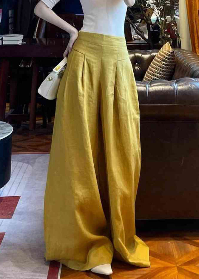 Women Yellow Pockets High Waist Solid Linen Wide Leg Pants Summer