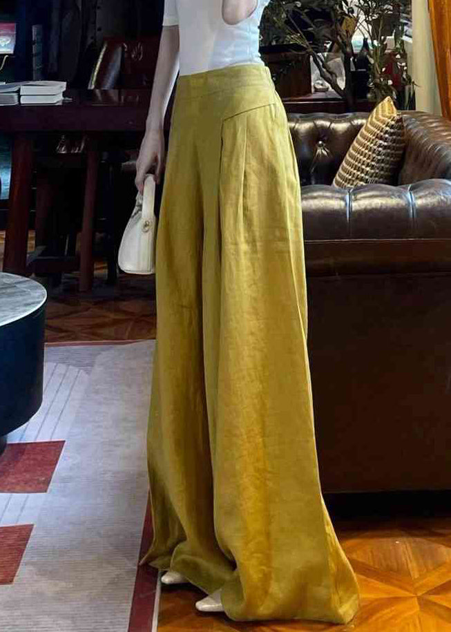 Women Yellow Pockets High Waist Solid Linen Wide Leg Pants Summer