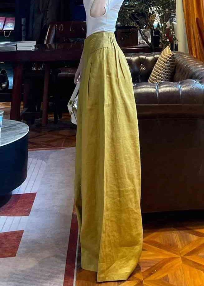 Women Yellow Pockets High Waist Solid Linen Wide Leg Pants Summer