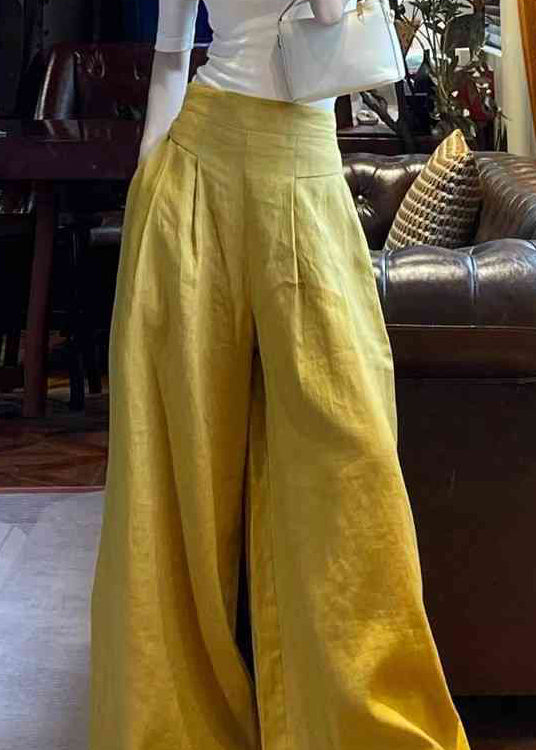 Women Yellow Pockets High Waist Solid Linen Wide Leg Pants Summer