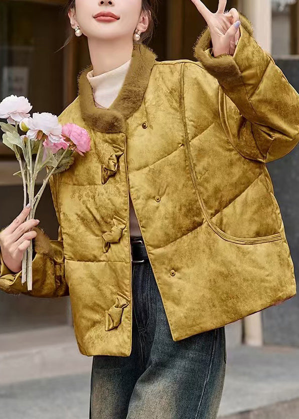 Women Yellow Pockets Patchwork Duck Down Down Coat Winter