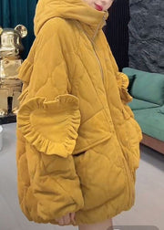 Women Yellow Ruffled Corduroy Fine Cotton Filled Jacket Winter