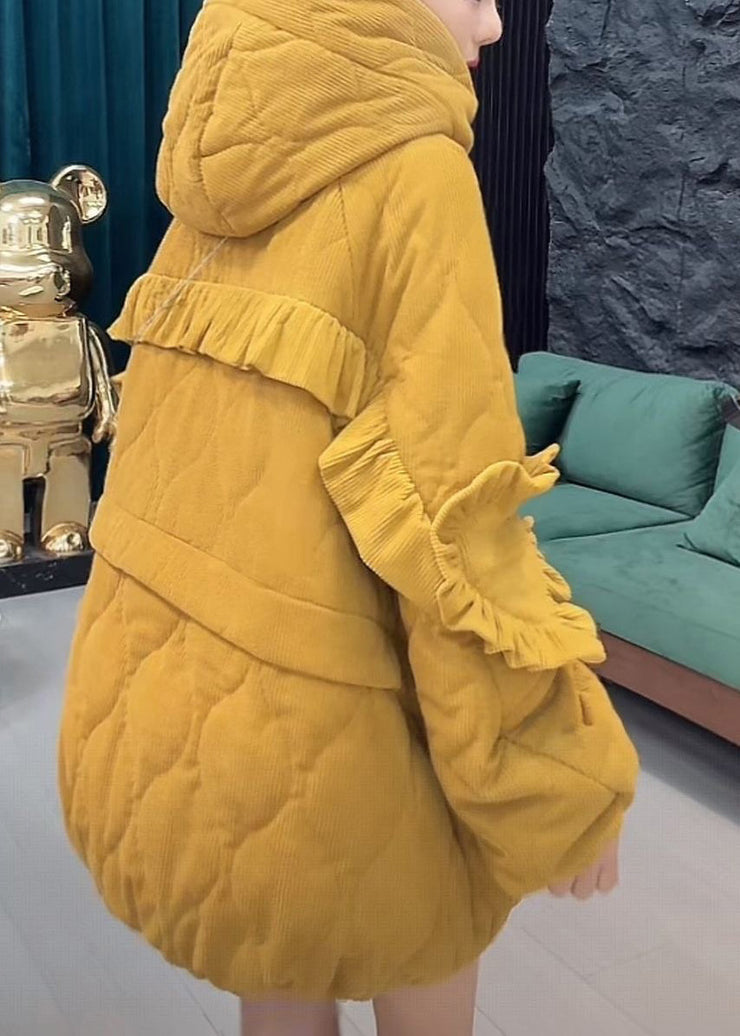 Women Yellow Ruffled Corduroy Fine Cotton Filled Jacket Winter