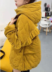 Women Yellow Ruffled Corduroy Fine Cotton Filled Jacket Winter