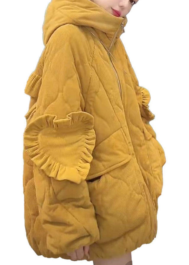 Women Yellow Ruffled Corduroy Fine Cotton Filled Jacket Winter