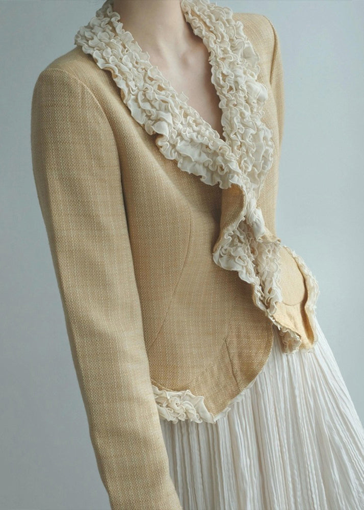 Women Yellow Ruffled Patchwork Cotton Jacket Fall