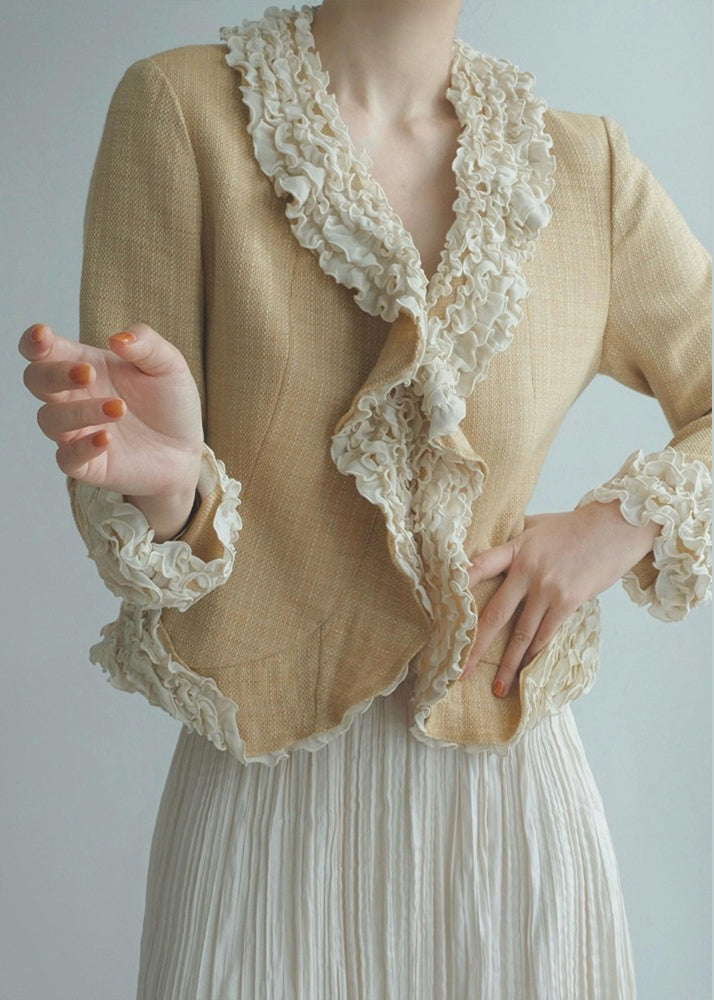 Women Yellow Ruffled Patchwork Cotton Jacket Fall