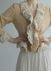 Women Yellow Ruffled Patchwork Cotton Jacket Fall