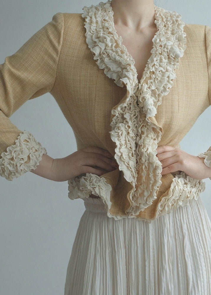 Women Yellow Ruffled Patchwork Cotton Jacket Fall