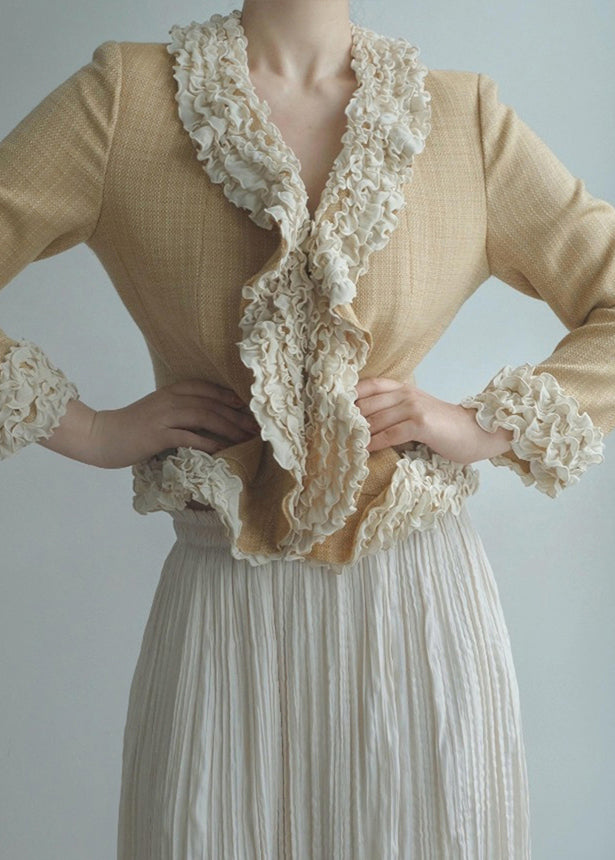 Women Yellow Ruffled Patchwork Cotton Jacket Fall