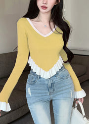 Women Yellow Ruffled Patchwork Knit Sweaters Flare Sleeve