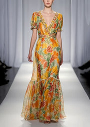 Women Yellow Ruffled Print Chiffon Dresses Summer