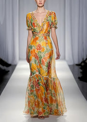 Women Yellow Ruffled Print Chiffon Dresses Summer
