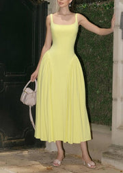 Women Yellow Square Collar Wrinkled Patchwork Cotton Dress Summer