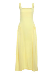 Women Yellow Square Collar Wrinkled Patchwork Cotton Dress Summer