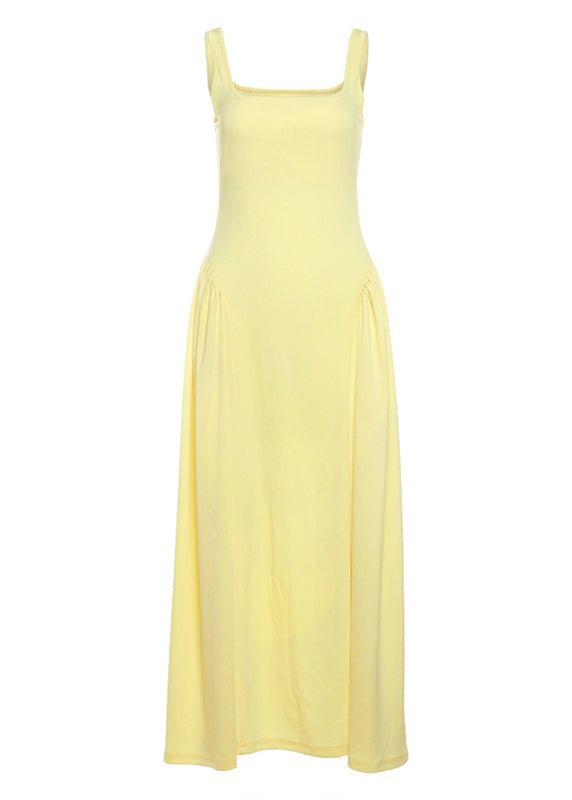 Women Yellow Square Collar Wrinkled Patchwork Cotton Dress Summer