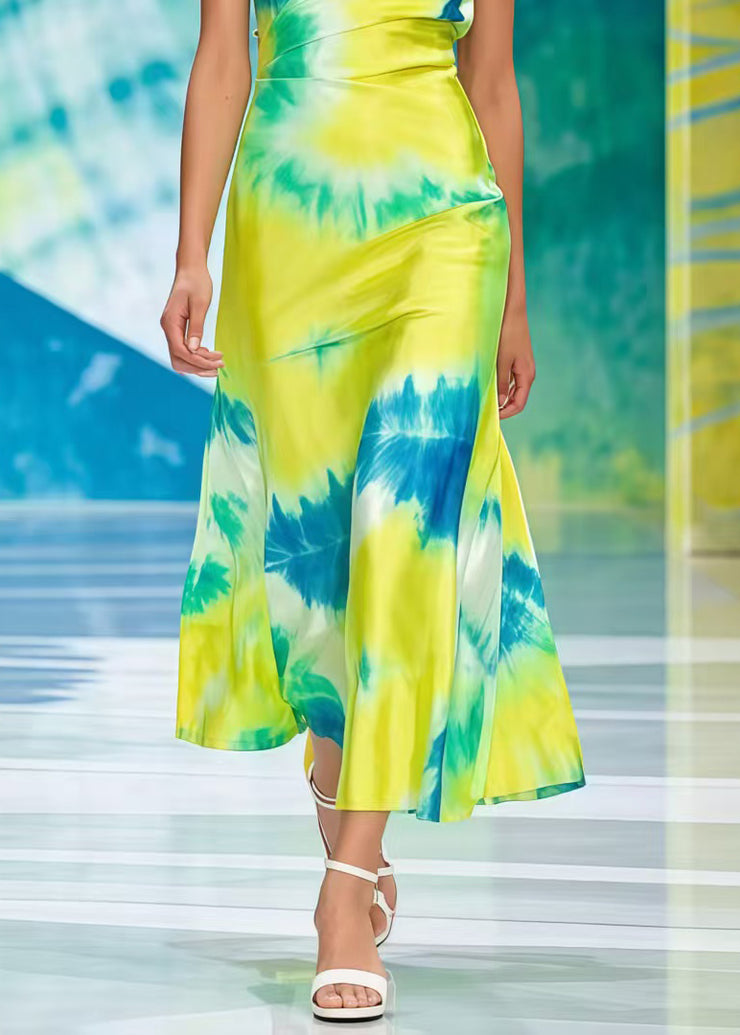 Women Yellow Tie Dye Chiffon Cami Dress Summer