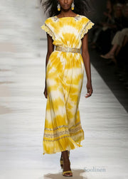 Women Yellow Tie Dye Chiffon Tunic Dresses Sleeveless