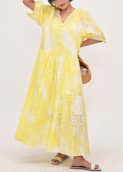 Women Yellow Tie Dye Hollow Out Cotton Holiday Dress Summer