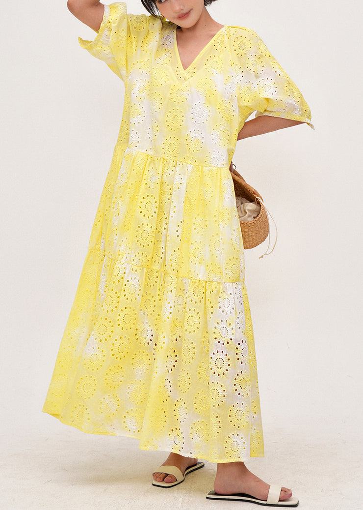 Women Yellow Tie Dye Hollow Out Cotton Holiday Dress Summer