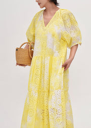 Women Yellow Tie Dye Hollow Out Cotton Holiday Dress Summer