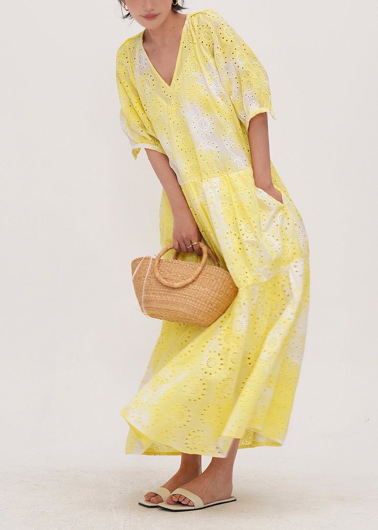 Women Yellow Tie Dye Hollow Out Cotton Holiday Dress Summer