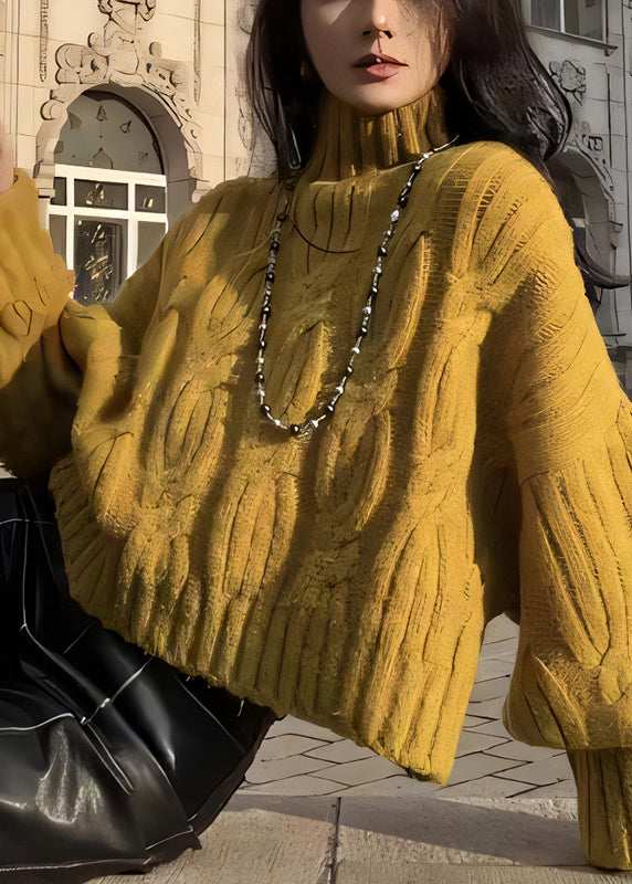 Women Yellow Turtleneck Cozy Cable Knit Sweaters Winter