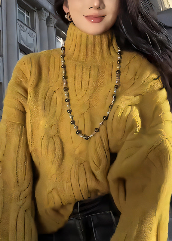 Women Yellow Turtleneck Cozy Cable Knit Sweaters Winter