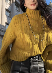 Women Yellow Turtleneck Cozy Cable Knit Sweaters Winter