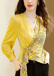 Women Yellow V Neck Asymmetrical Print Chiffon Tops Spring