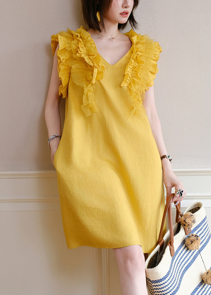 Women Yellow V Neck Ruffled Tulle Patchwork Mid Dress Sleeveless