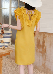 Women Yellow V Neck Ruffled Tulle Patchwork Mid Dress Sleeveless