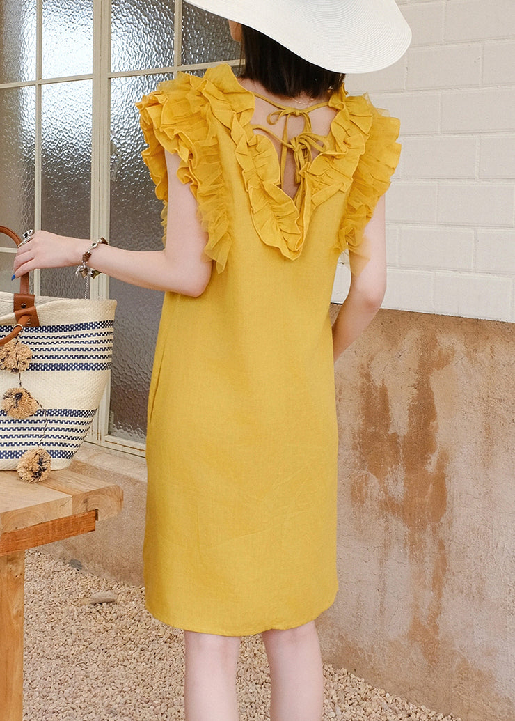 Women Yellow V Neck Ruffled Tulle Patchwork Mid Dress Sleeveless