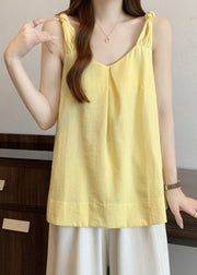 Women Yellow V Neck Solid Cotton Tank Sleeveless