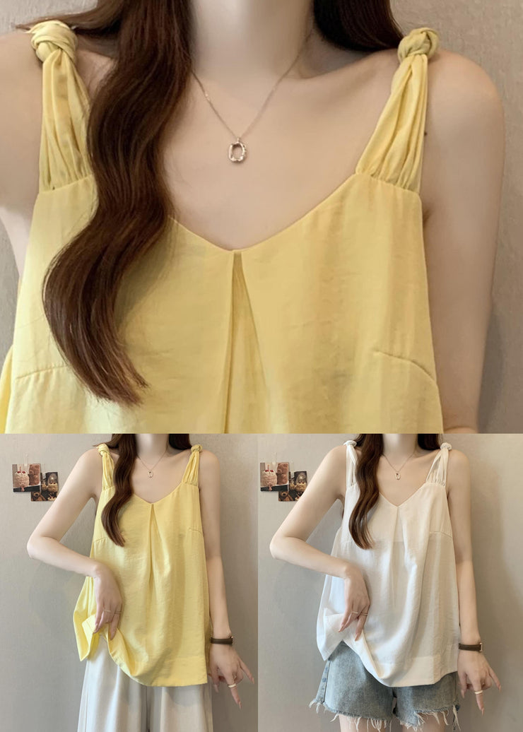 Women Yellow V Neck Solid Cotton Tank Sleeveless
