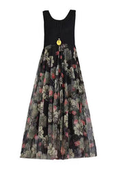 Women Black Print Patchwork Lace Summer Party Dress