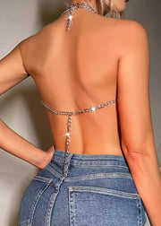 Women's Handmade Hollow Gemstone Hanging Neck And Backless Tops Summer