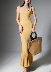 Yellow Backless Solid Cotton Spaghetti Strap Dress High Waist Sleeveless