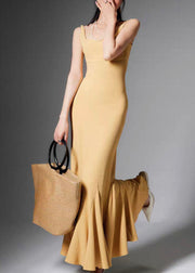 Yellow Backless Solid Cotton Spaghetti Strap Dress High Waist Sleeveless