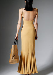Yellow Backless Solid Cotton Spaghetti Strap Dress High Waist Sleeveless