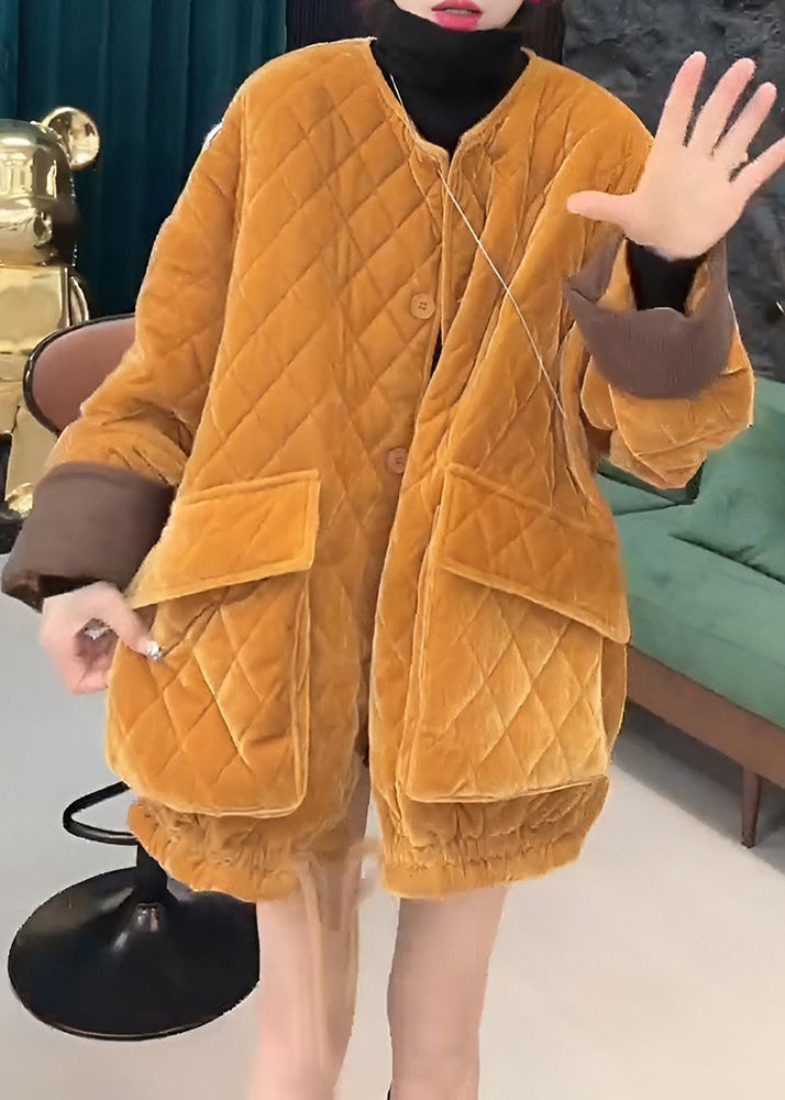 Yellow Button Pockets Cotton Filled Winter Parkas O Neck