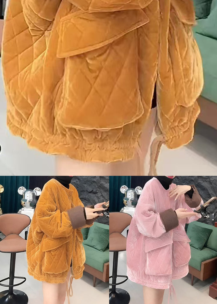 Yellow Button Pockets Cotton Filled Winter Parkas O Neck