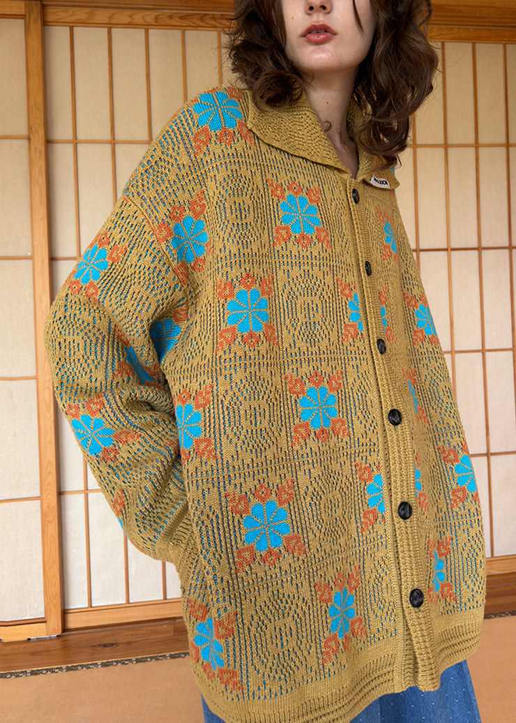 Yellow Button Pockets Cozy Knitted Cotton Coat Peter Pan Collar