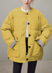 Yellow Button Pockets Duck Down Winter Coats O Neck