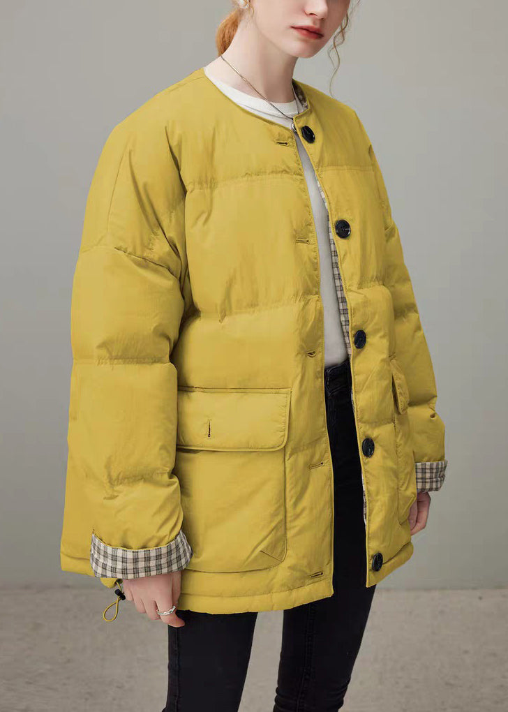 Yellow Button Pockets Duck Down Winter Coats O Neck