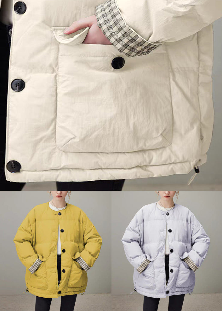 Yellow Button Pockets Duck Down Winter Coats O Neck
