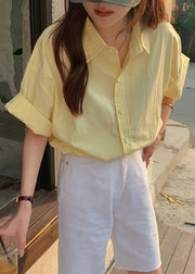 Yellow Button Solid Cotton Summer Shirt Peter Pan Collar