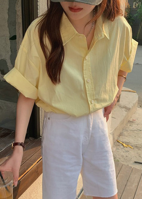Yellow Button Solid Cotton Summer Shirt Peter Pan Collar