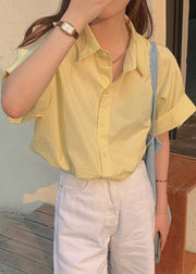Yellow Button Solid Cotton Summer Shirt Peter Pan Collar